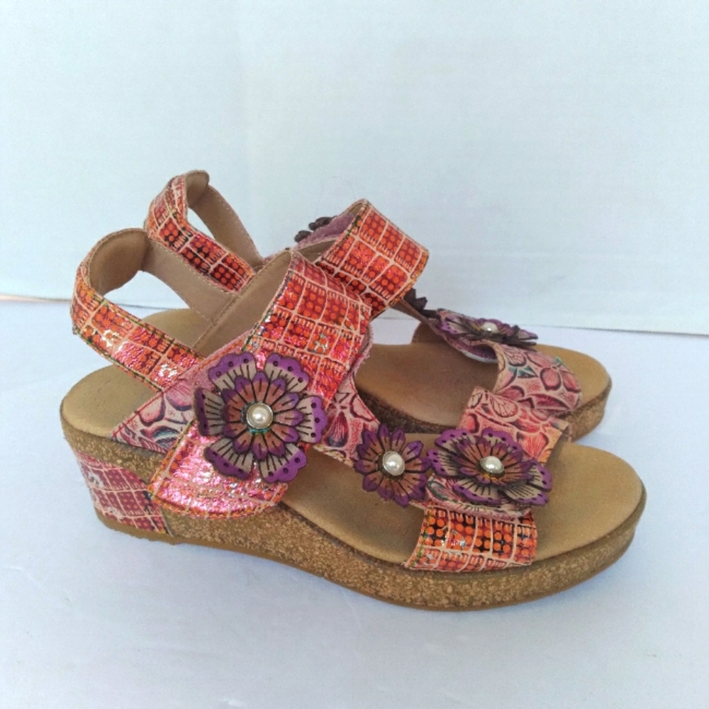 Floral Cork Wedge Sandal with Decorative Flower Pink Purple Summer Comfort Shoes